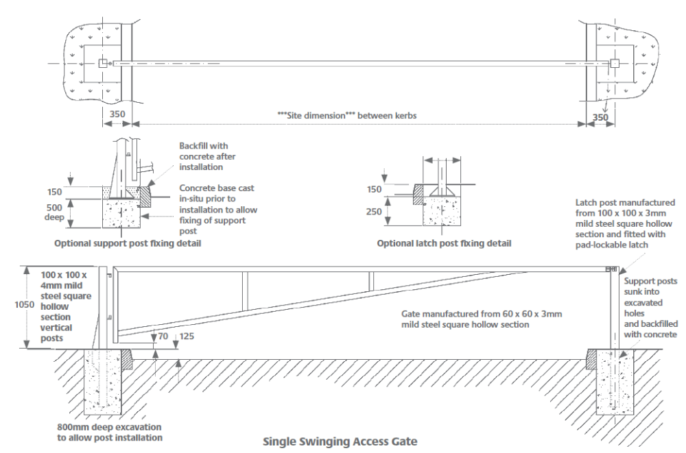 Single Swinging Access Gate - Installation Drawing